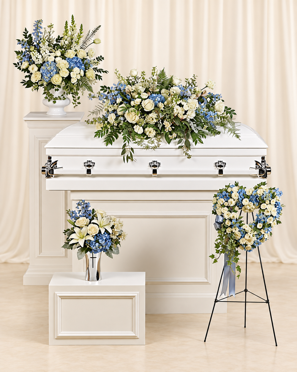 Teleflora's Tender Remembrance Collection — complete 4-piece floral set on cream backdrop